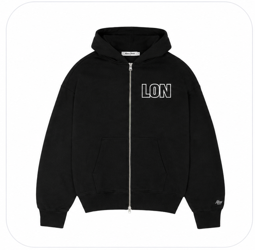 “LON” BLACK ZIP UP HOODIE